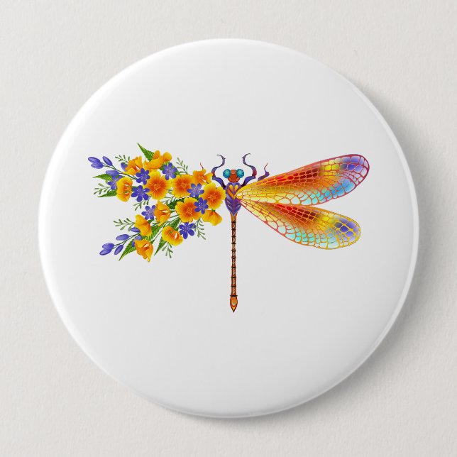 Yellow Flower Dragonfly 4 Inch Round Button (Front)