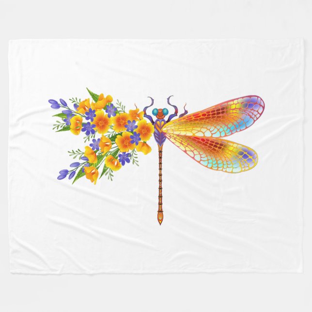 Yellow Flower Dragonfly Fleece Blanket (Front (Horizontal))