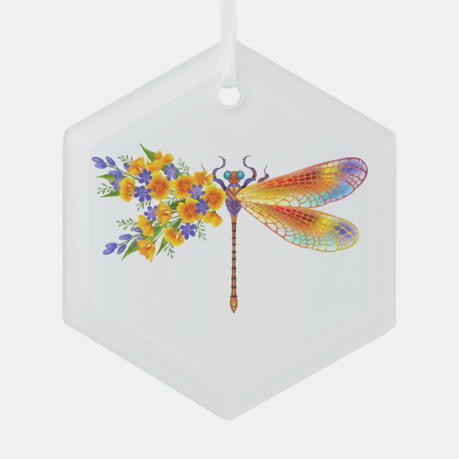 Yellow Flower Dragonfly Glass Ornament (Front)