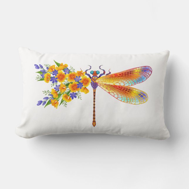 Yellow Flower Dragonfly Lumbar Pillow (Front)