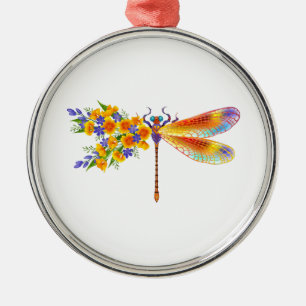 Yellow Flower Dragonfly Metal Ornament