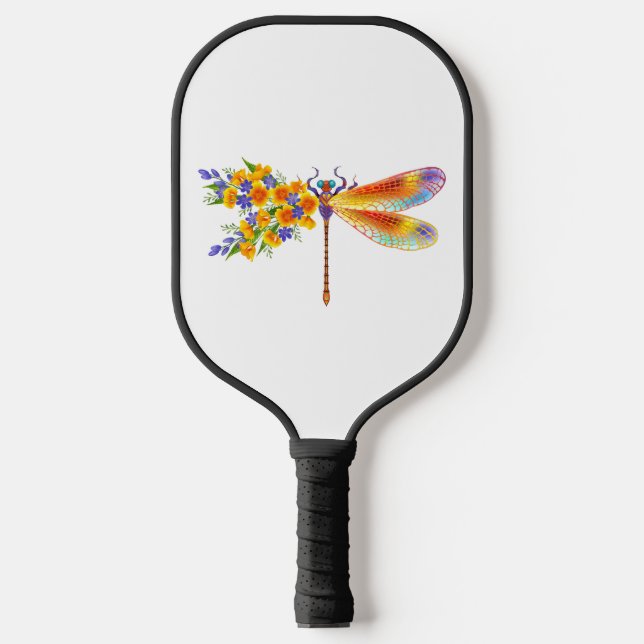 Yellow Flower Dragonfly Pickleball Paddle (Front)