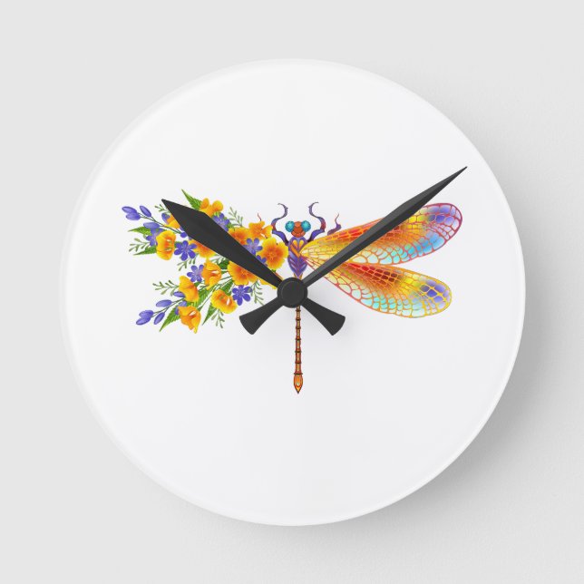 Yellow Flower Dragonfly Round Clock (Front)