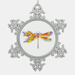 Yellow Flower Dragonfly Snowflake Pewter Christmas Ornament