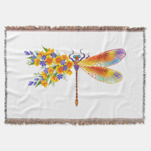 Yellow Flower Dragonfly Throw Blanket