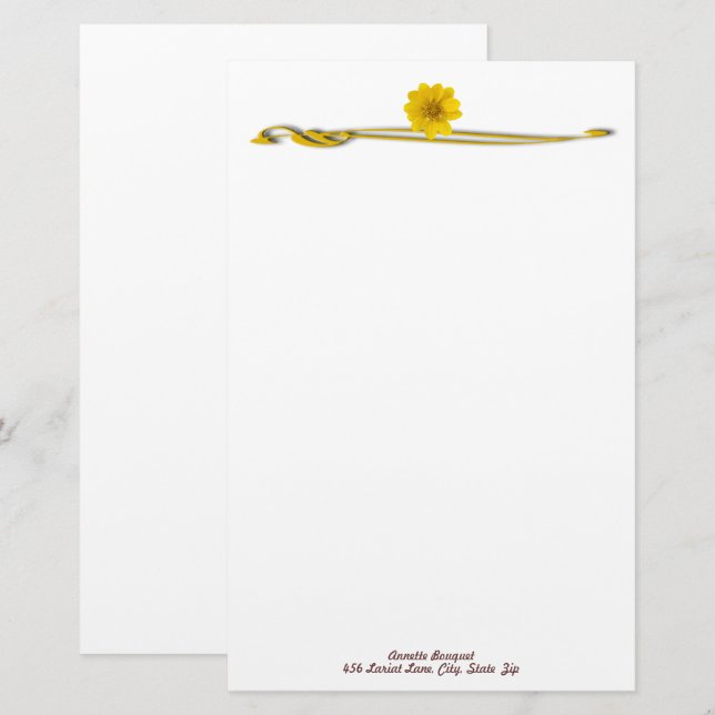 Yellow Flower Flourish Border Custom Stationery (Front/Back)