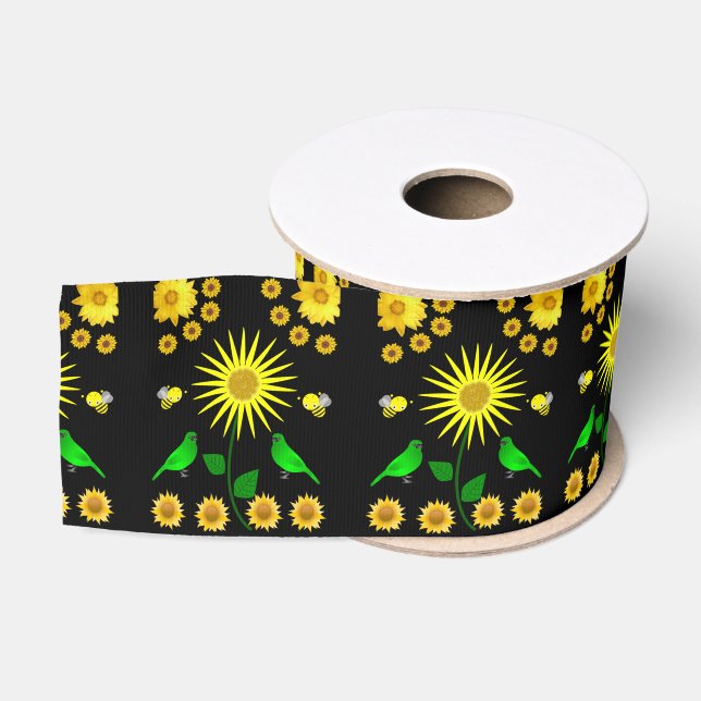 yellow flower green bird ribbon grosgrain ribbon (Spool)