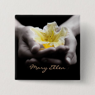 Yellow Flower In Hands With Name 2 Inch Square Button