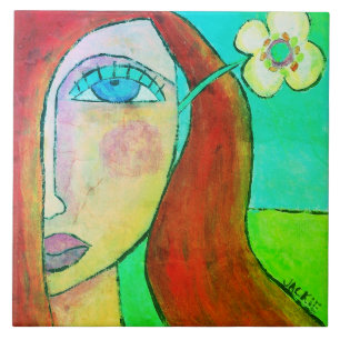 Yellow Flower in Her Hair Abstract Portrait Tile