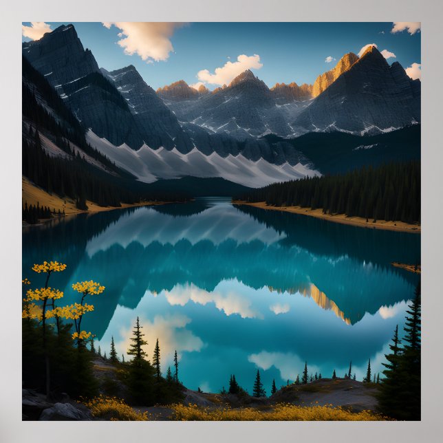  Yellow Flower Lake Mountain Landscape Poster (Front)