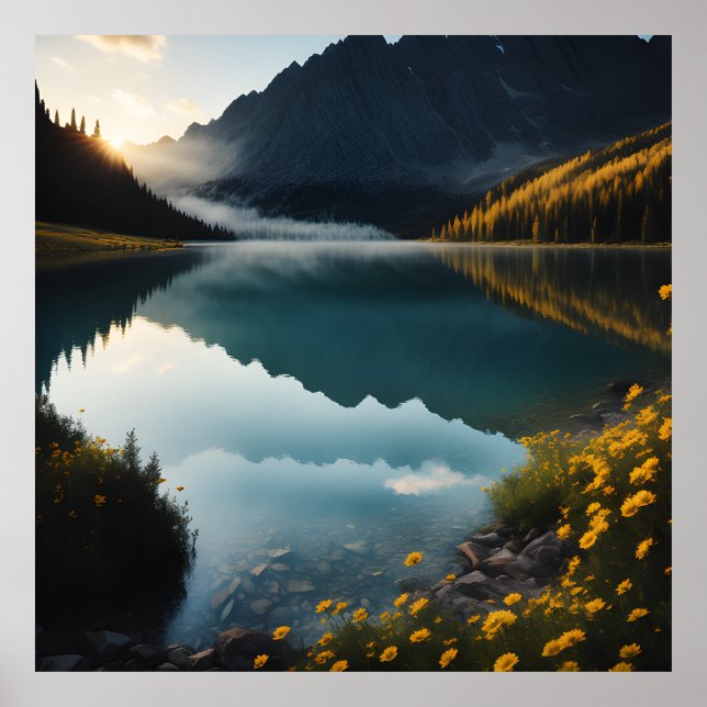  Yellow Flower Lake Mountain Landscape Poster (Front)