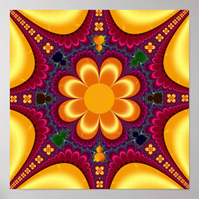 Yellow Flower Mandelbrot Mandala Poster (Front)