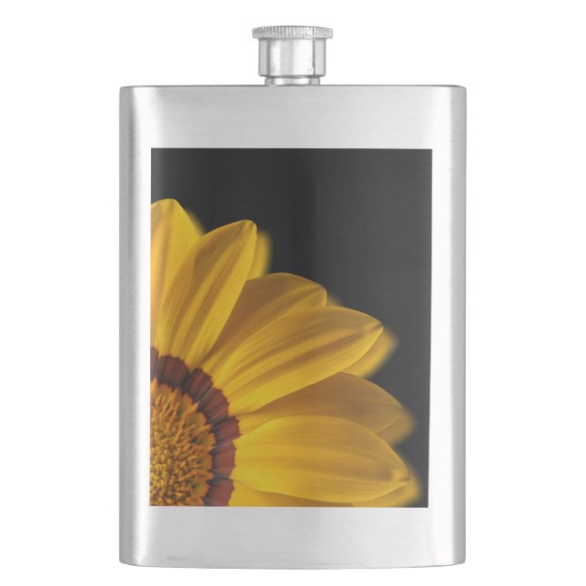 Yellow flower on  black background hip flask (Front)