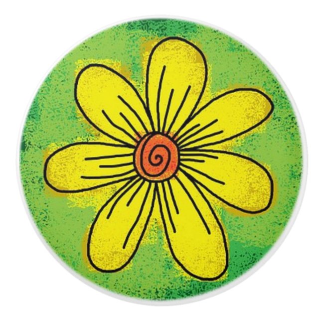 Yellow Flower on Green Ceramic Pull (Front)