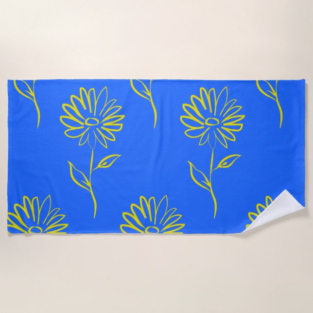 Yellow Flower Outline In A Blue Background Beach Towel (Front)