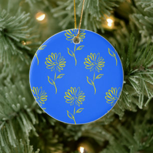 Yellow Flower Outline In A Blue Background Ceramic Ornament