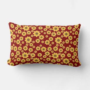 Yellow Flower Pattern on Red Background - Floral Lumbar Pillow
