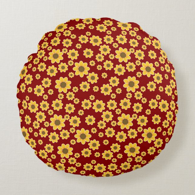 Yellow Flower Pattern on Red Background - Floral Round Pillow (Front)