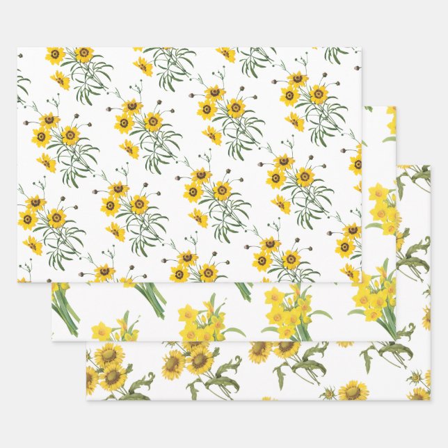 Yellow Flower Pattern Wrapping Paper Sheet (Set)