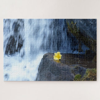 Yellow Flower Primrose at Waterfall Jigsaw Puzzle
