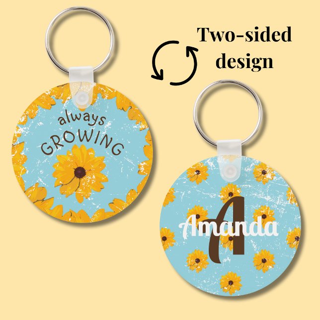 Yellow Flower Rustic Robin Egg Blue Always Growing Keychain (Sky blue round metal keychain with yellow flowers features a spot for a first name and initial.)