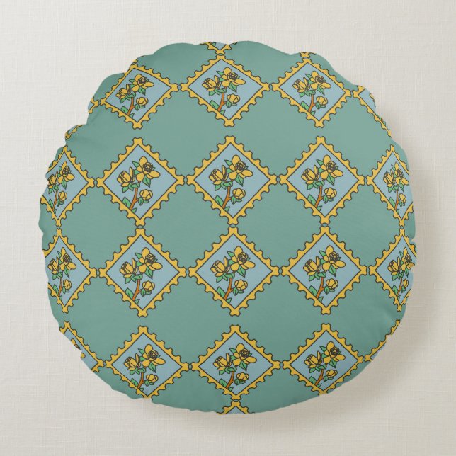 Yellow flower stamp pattern round pillow (Front)