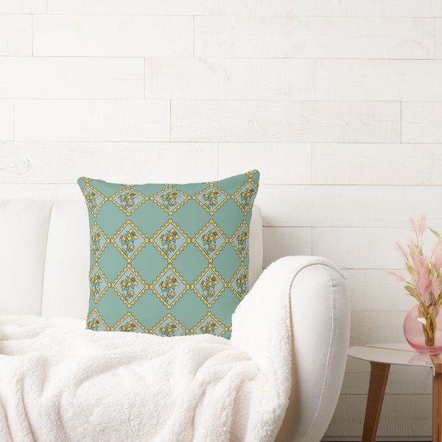 Yellow flower stamp pattern throw pillow (Couch)