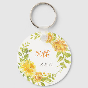 Yellow Flower Wreath 50th Wedding Monogram  Keychain
