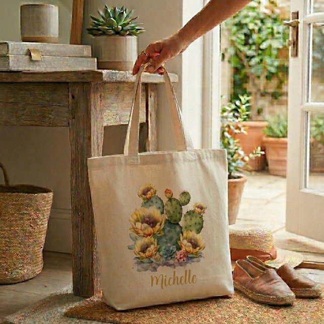 Yellow Flowering Cactus With Name Tote Bag (Creator Uploaded)
