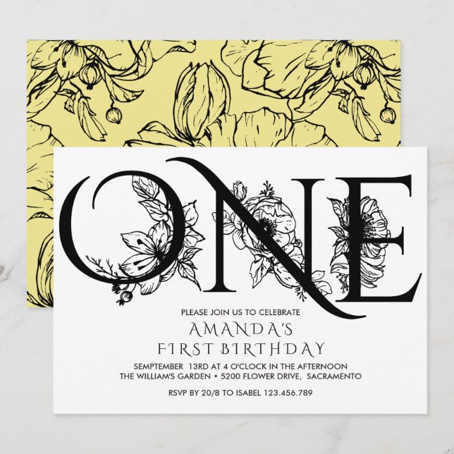 Yellow Flowers | 1st Birthday Party Invitation (Front/Back)