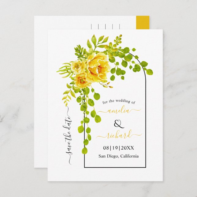 Yellow flowers and arch fall wedding Save the Date Postcard (Front/Back)