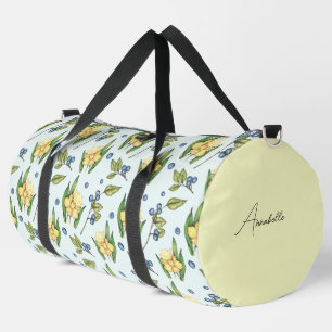 Yellow Flowers and Blueberries Name Duffle Bag