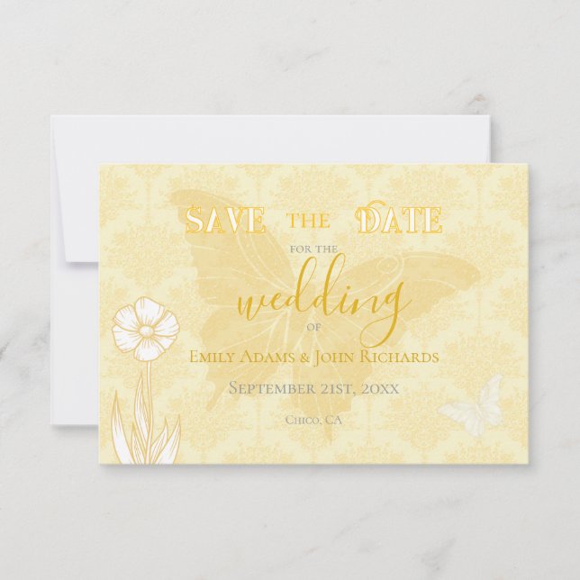 Yellow Flowers and Butterflies Wedding  Save The Date (Front)