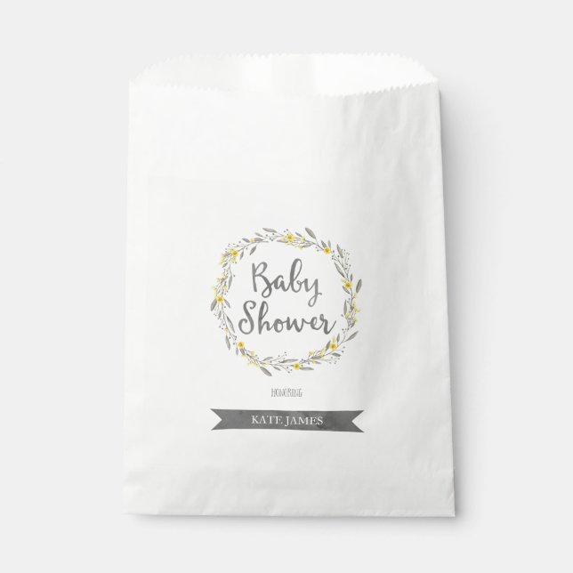 Yellow Flowers and Grey Leaves Wreath Baby Shower Favour Bag (Front)