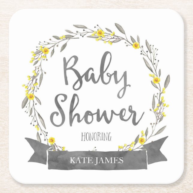 Yellow Flowers and Grey Leaves Wreath Baby Shower Square Paper Coaster (Front)