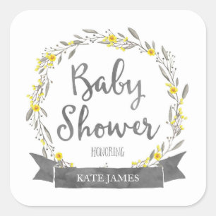Yellow Flowers and Grey Leaves Wreath Baby Shower Square Sticker