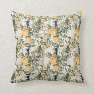 Yellow Flowers and Queen Bee Throw Pillow