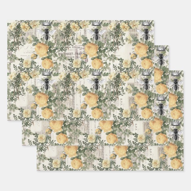 Yellow Flowers and Queen Bee Wrapping Paper Sheet (Set)