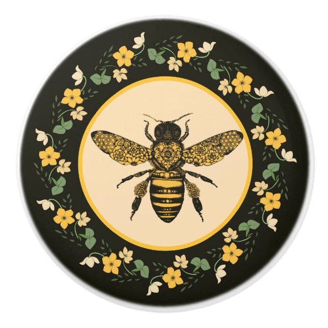 Yellow Flowers and Victorian Bee Ceramic Knob (Front)