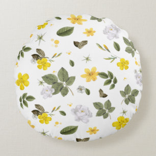 Yellow Flowers and White Roses 3 Round Pillow