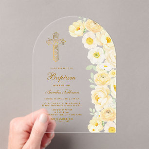 Yellow Flowers Arch Baptism Acrylic Invitations