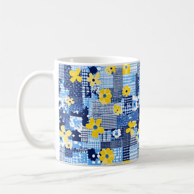 Yellow Flowers Blue Pattern Coffee Mug (Left)