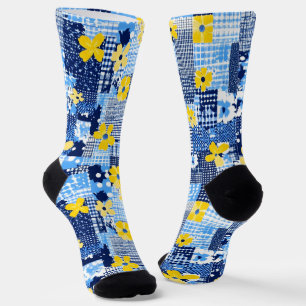 Yellow Flowers Blue Pattern Socks