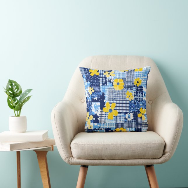 Yellow Flowers Blue Pattern Throw Pillow (Chair)