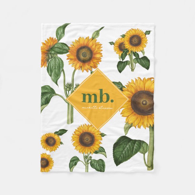 Yellow Flowers Botanical Foliage Greenery Monogram Fleece Blanket (Front)