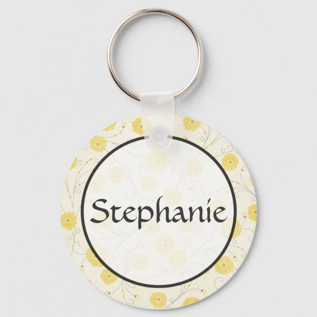 Yellow Flowers Customizable Name Button Keychain (Front)