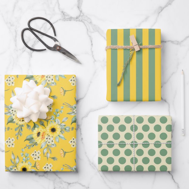 Yellow Flowers Daisy Wrapping Paper  Set of 3 (Front)