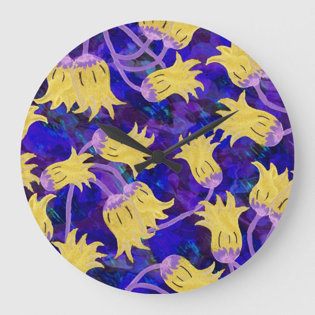 Yellow flowers: dark background watercolor artwork large clock (Front)