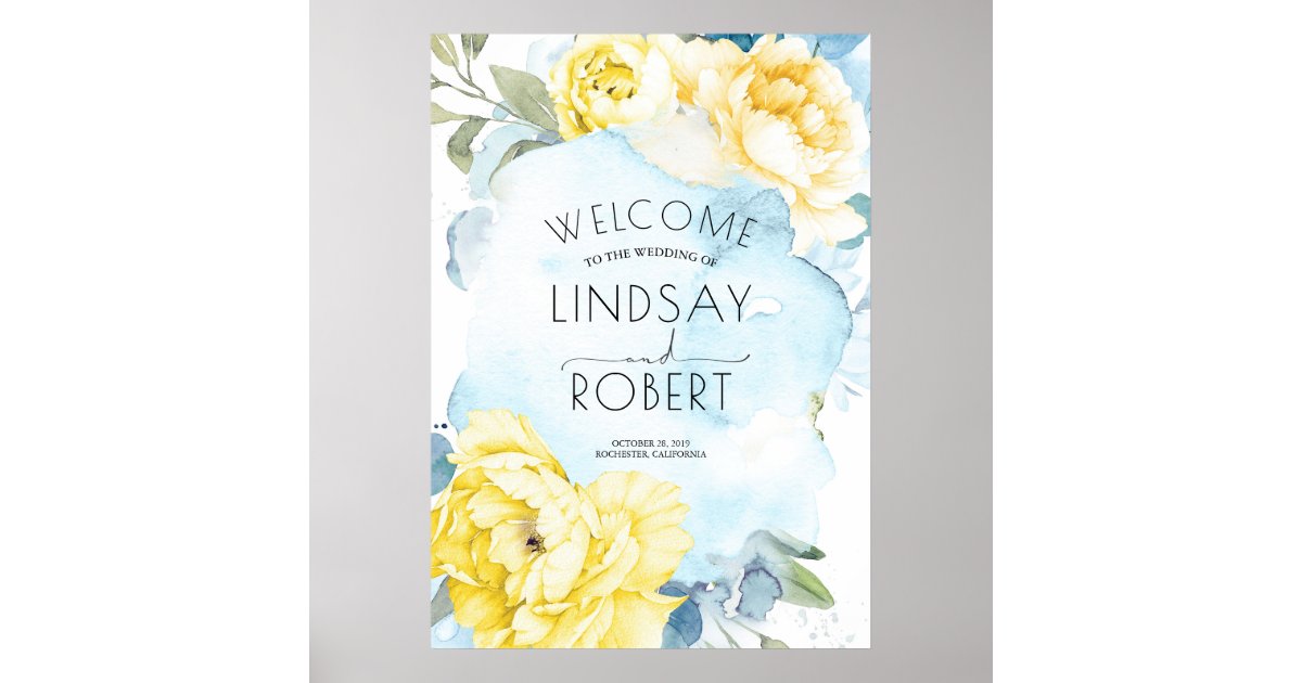 Yellow Flowers Dusty Blue Watercolor Wedding Poster ...