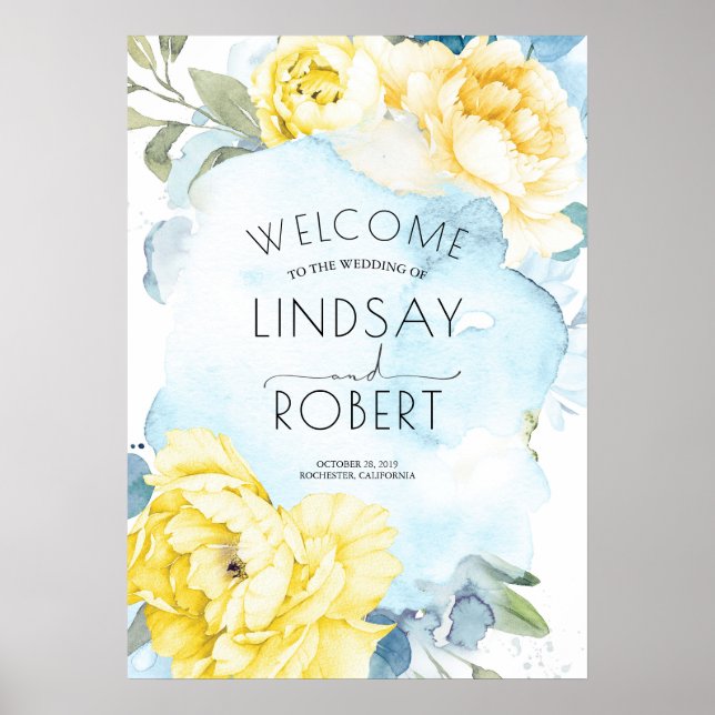 Yellow Flowers Dusty Blue Watercolor Wedding Poster (Front)